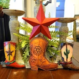 Western Metal Themed Decorative Set with Red Star and Boots